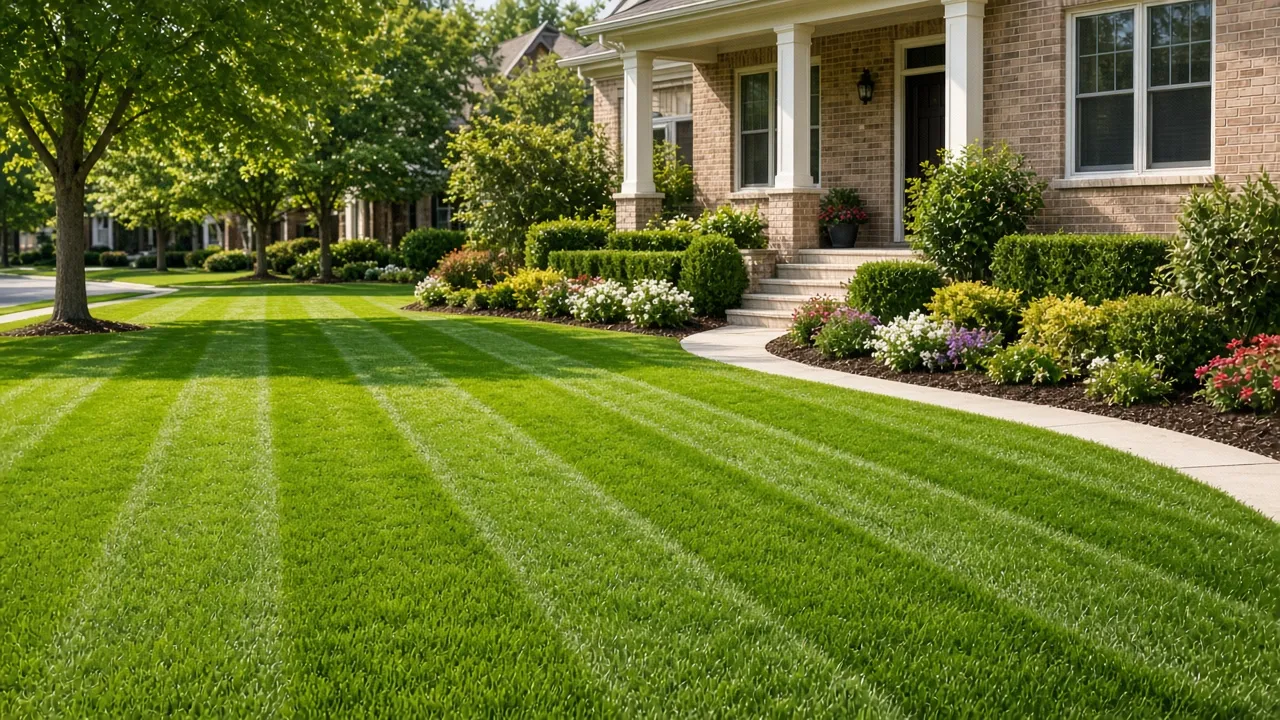 A freshly striped front lawn with trimmed hedges