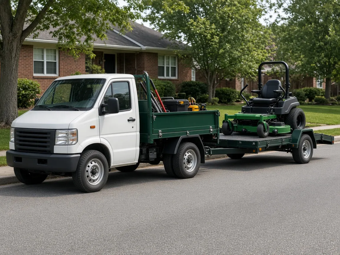 Greenway work truck and mower trailer on a residential street